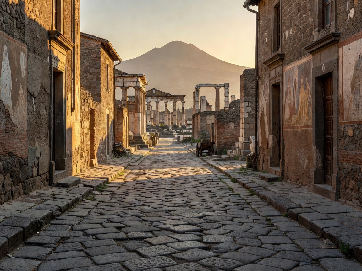 Ancient paved stone street in Pompeii looking toward the Roman Forum and Vesuvius