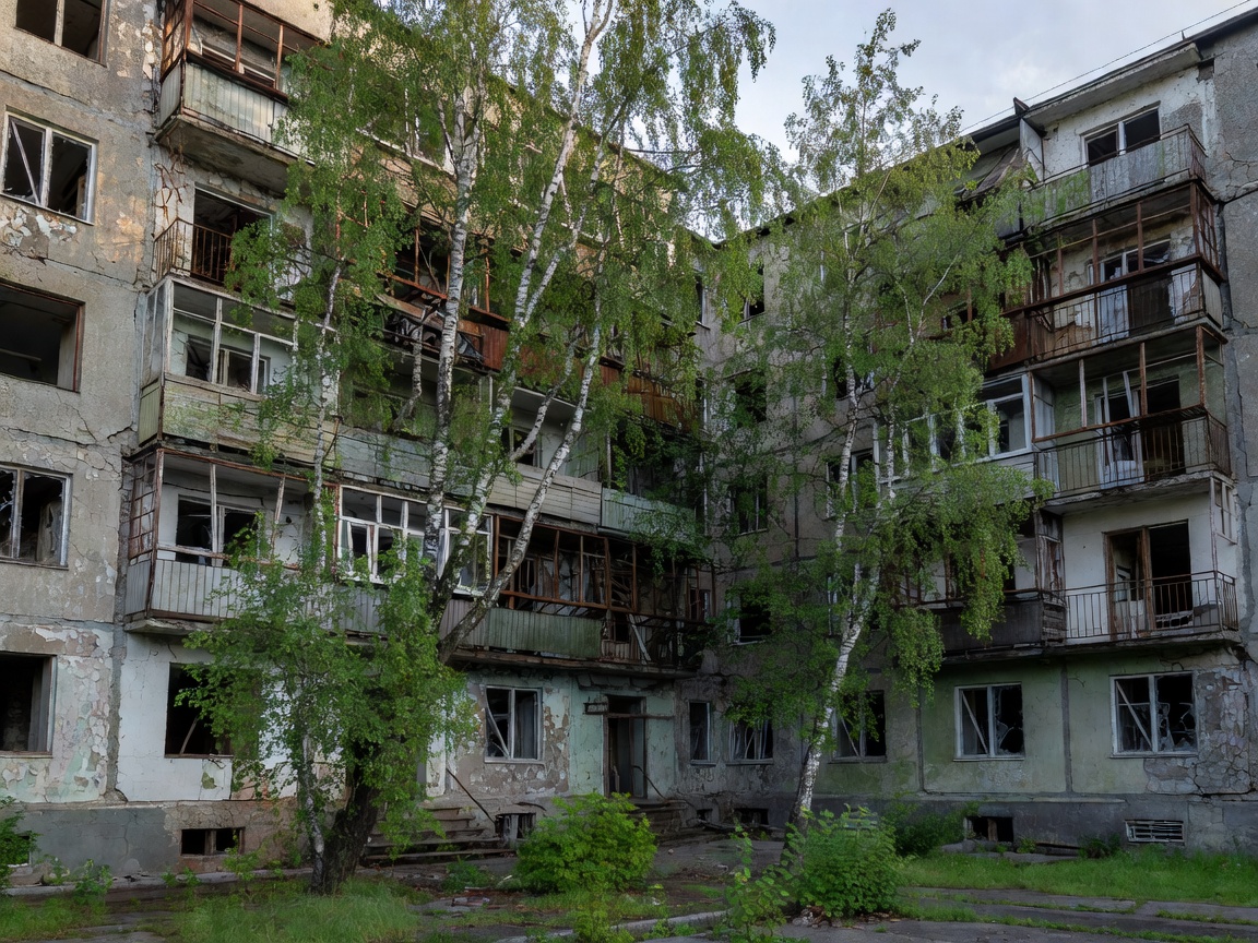 Decaying apartment blocks in Pripyat with wild birch trees growing through balconies