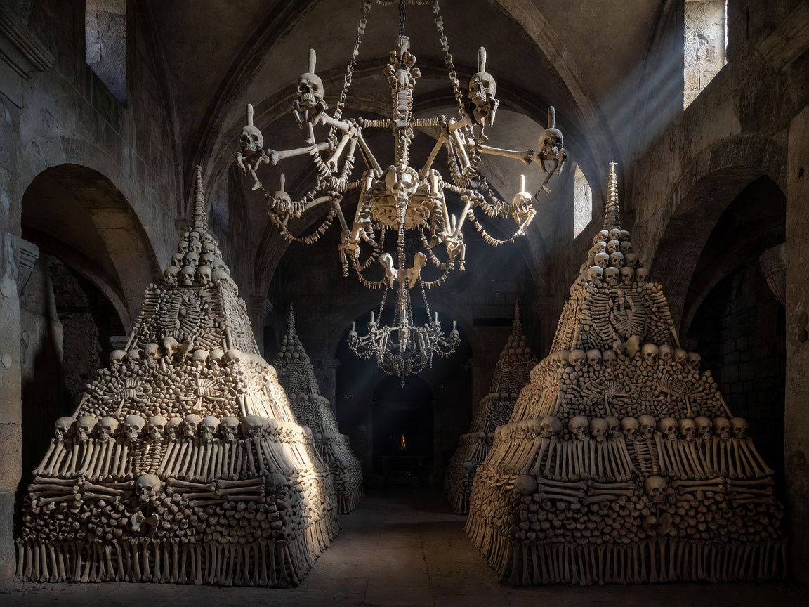 Detailed osteological pyramids and chandelier inside Sedlec Ossuary chapel