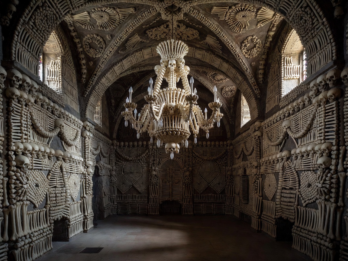 Intricate bone arrangements and chandelier inside Sedlec Ossuary