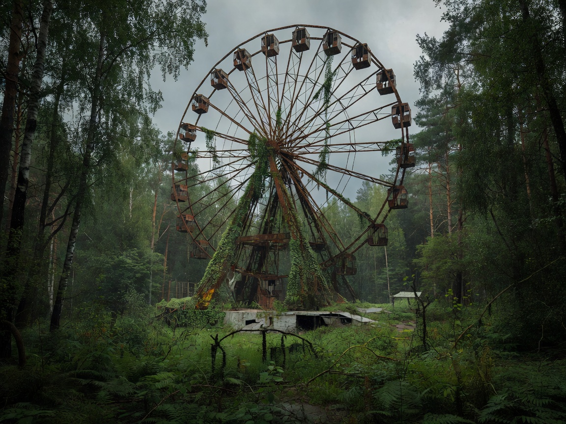 Pripyat Ferris wheel standing abandoned in overgrown forest