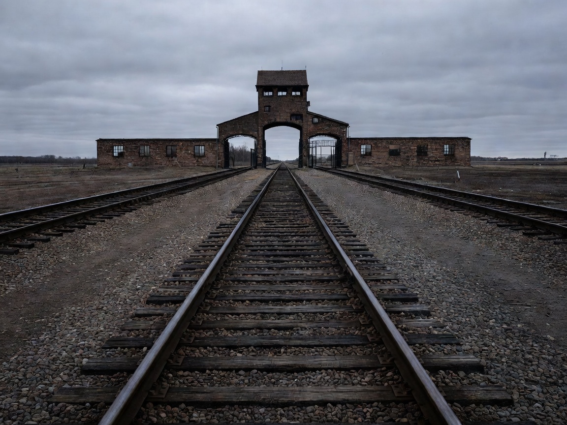 Railway tracks leading into the main gate of the Auschwitz-Birkenau Memorial