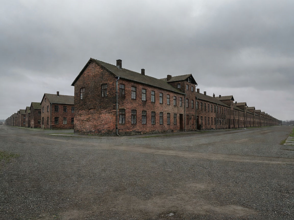 Row of brick barracks stretching across the grounds of Auschwitz I