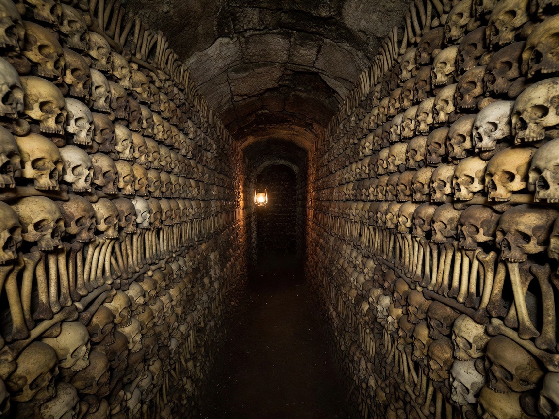 Stacked skulls and tibiae forming the walls of the Paris Catacombs subterranean galleries
