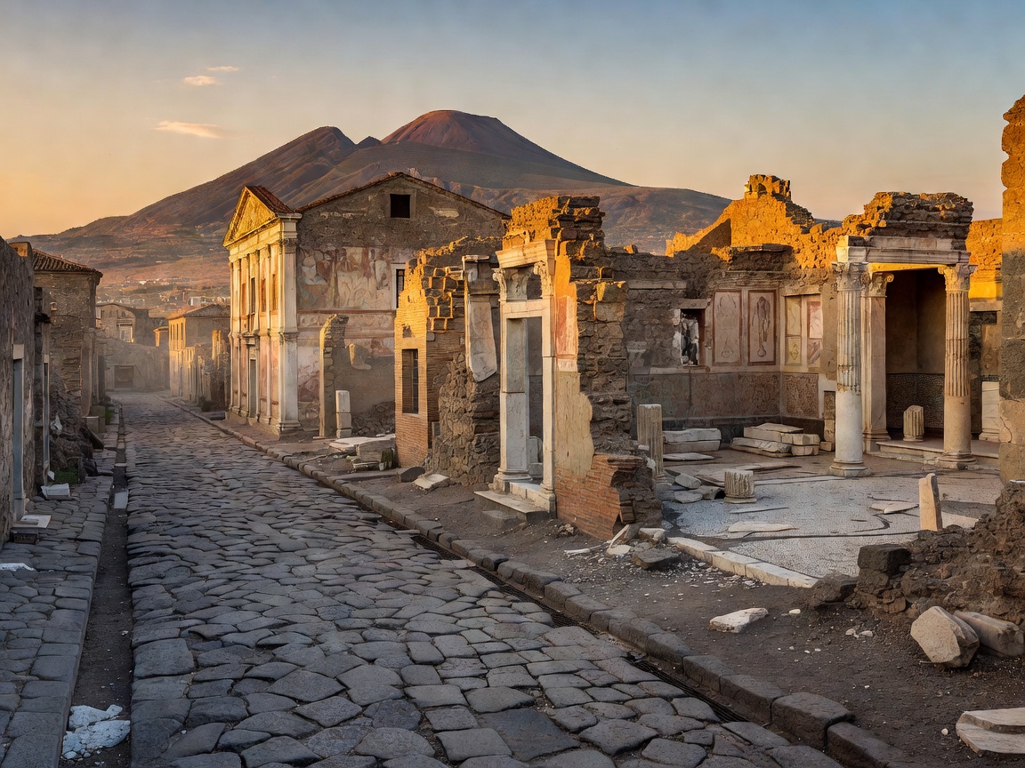 Stone paved streets and Roman ruins framed by Mount Vesuvius in Pompeii