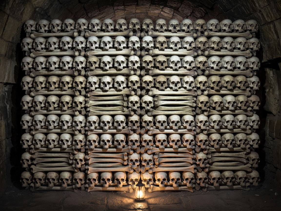 Symmetrically stacked skulls and femurs forming a hague retaining wall in the Paris Catacombs